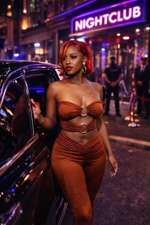 Woman with red hair in copper dress leaning against car on nightclub street with neon signs